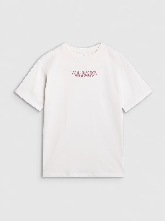 Dziewczęcy t-shirt z nadrukiem oversize 4F 4FJWAW25TTSHF2387 - biały