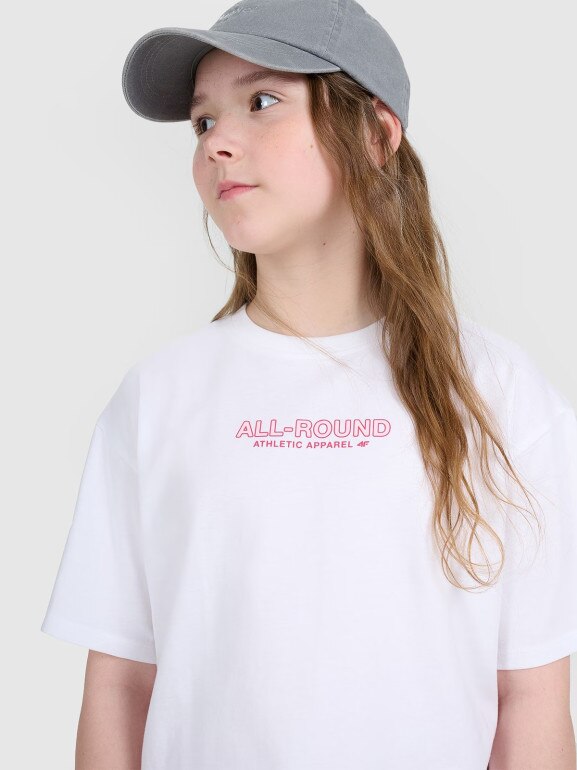 Dziewczęcy t-shirt z nadrukiem oversize 4F 4FJWAW25TTSHF2387 - biały