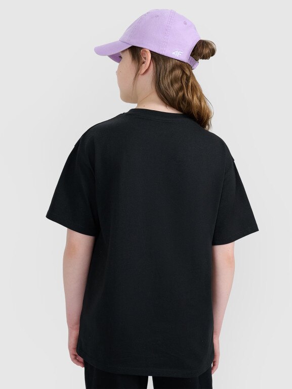 Dziewczęcy t-shirt z nadrukiem oversize 4F 4FJWAW25TTSHF2387 - czarny