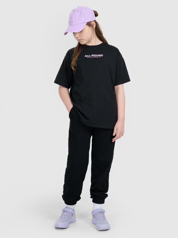 Dziewczęcy t-shirt z nadrukiem oversize 4F 4FJWAW25TTSHF2387 - czarny