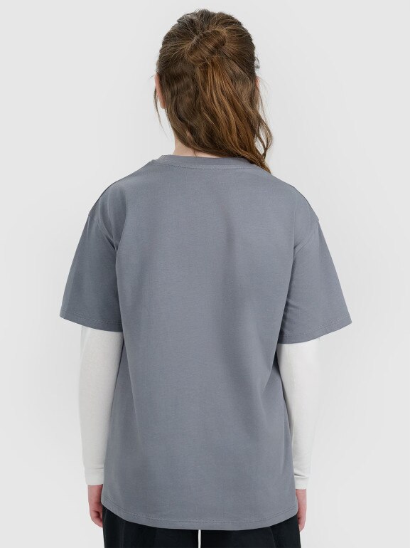 Dziewczęcy t-shirt z nadrukiem oversize 4F 4FJWAW25TTSHF2387 - szary