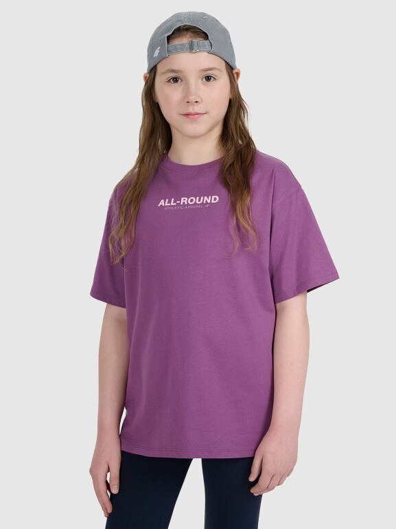 Dziewczęcy t-shirt z nadrukiem oversize 4F 4FJWAW25TTSHF2387 - fioletowy