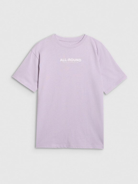 Dziewczęcy t-shirt z nadrukiem oversize 4F 4FJWAW25TTSHF2387 - fioletowy