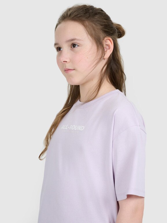 Dziewczęcy t-shirt z nadrukiem oversize 4F 4FJWAW25TTSHF2387 - fioletowy