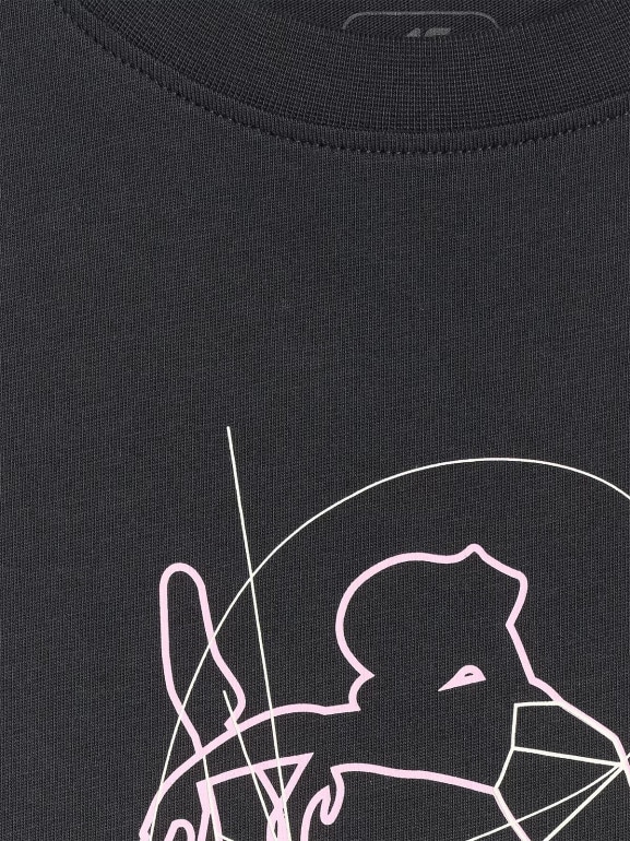 Dziewczęcy t-shirt oversize z nadrukiem 4F 4FJWAW25TTSHF2395 - czarny