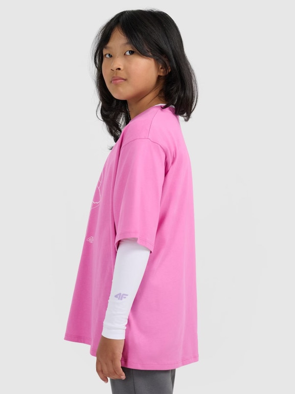 Dziewczęcy t-shirt oversize z nadrukiem 4F 4FJWAW25TTSHF2395 - różowy
