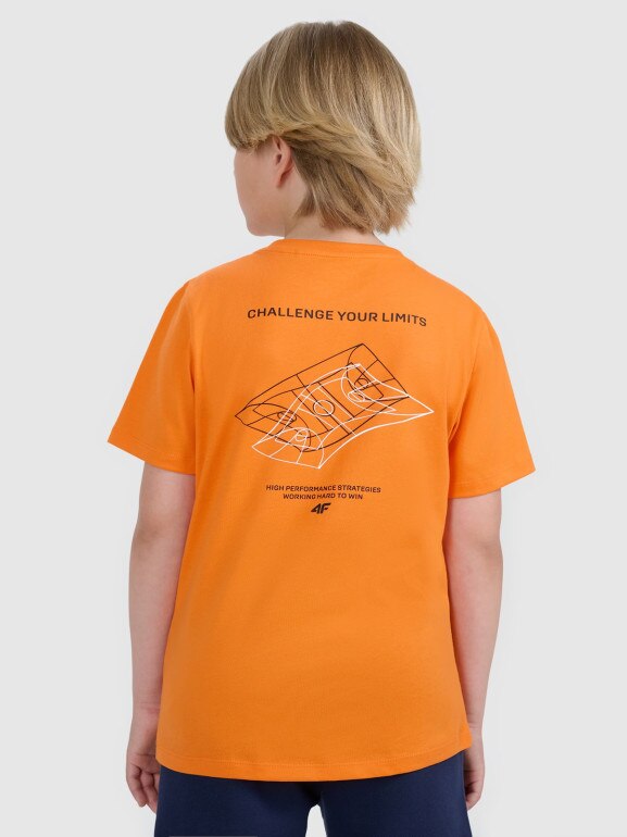 Chłopięcy t-shirt z nadrukiem 4F 4FJWAW25TTSHM2415 - pomarańczowy