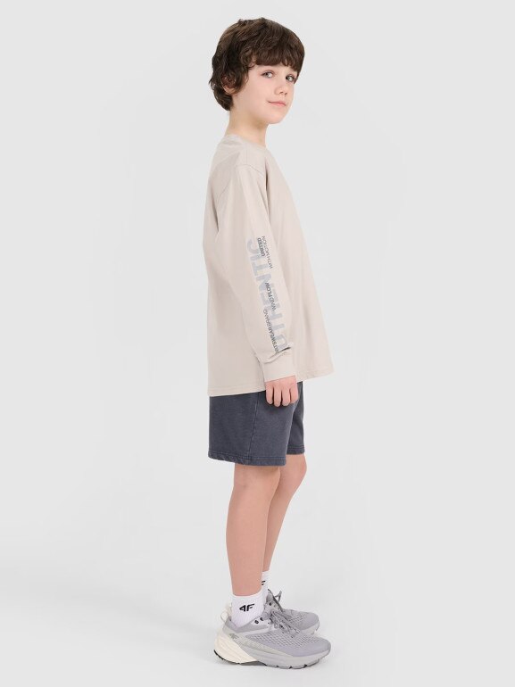 Chłopięcy longsleeve z nadrukiem 4F 4FJWSS25TLONM380 - beżowy
