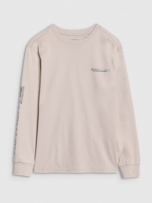 Chłopięcy longsleeve z nadrukiem 4F 4FJWSS25TLONM380 - beżowy