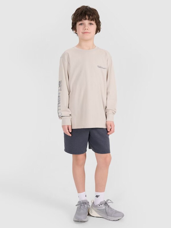 Chłopięcy longsleeve z nadrukiem 4F 4FJWSS25TLONM380 - beżowy