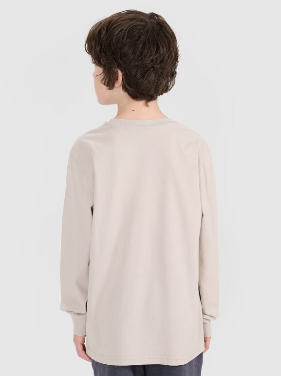 Chłopięcy longsleeve z nadrukiem 4F 4FJWSS25TLONM380 - beżowy