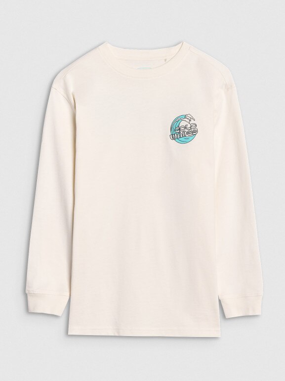 Chłopięcy longsleeve z nadrukiem 4F 4FJWSS25TLONM435 - biały