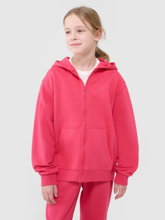 Dziewczęca bluza dresowa z kapturem rozpinana 4F 4FJWSS25TSWSF1853 - różowa