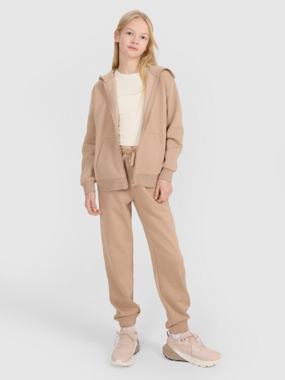 Dziewczęca bluza dresowa z kapturem rozpinana 4F 4FJWSS25TSWSF1853 - beżowa