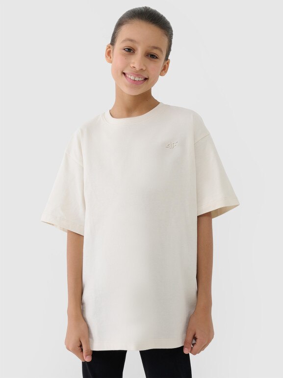 Dziewczęcy t-shirt oversize 4F 4FJWSS25TTSHF1851 - beżowy