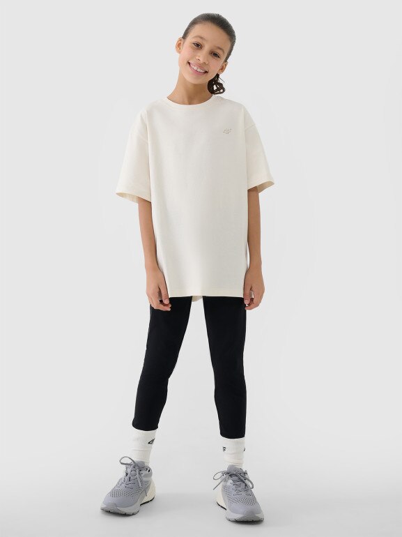 Dziewczęcy t-shirt oversize 4F 4FJWSS25TTSHF1851 - beżowy