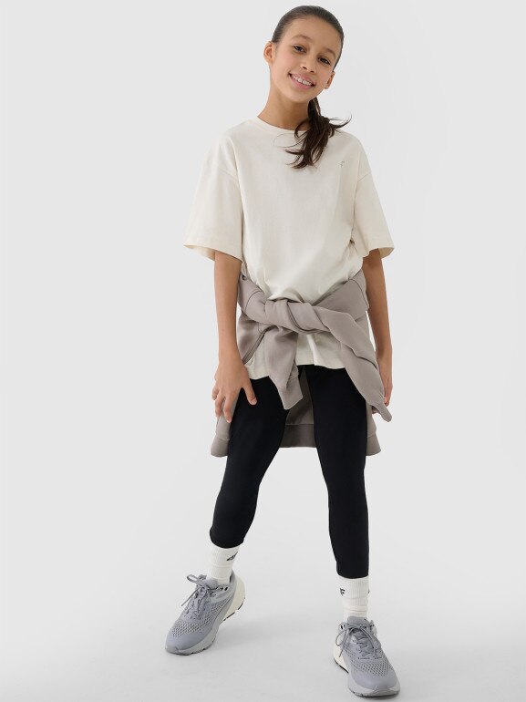 Dziewczęcy t-shirt oversize 4F 4FJWSS25TTSHF1851 - beżowy