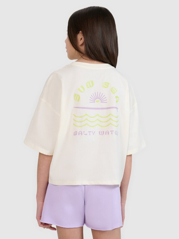 Dziewczęcy t-shirt crop top z nadrukiem 4F 4FJWSS25TTSHF1868 - biały