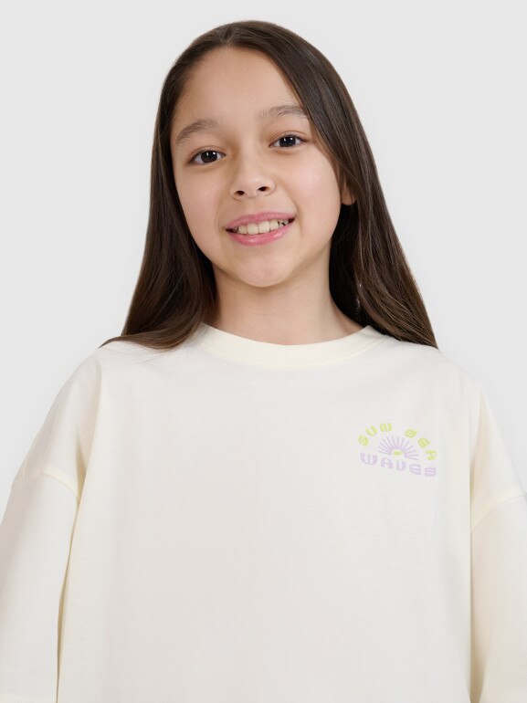 Dziewczęcy t-shirt crop top z nadrukiem 4F 4FJWSS25TTSHF1868 - biały