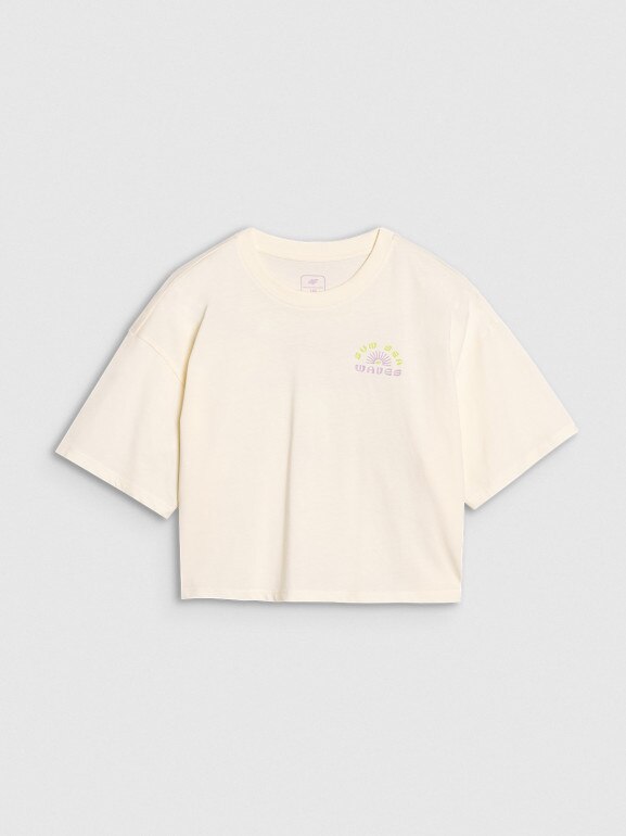 Dziewczęcy t-shirt crop top z nadrukiem 4F 4FJWSS25TTSHF1868 - biały
