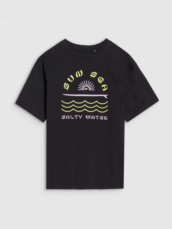 Dziewczęcy t-shirt z nadrukiem 4F 4FJWSS25TTSHF1870 - czarny