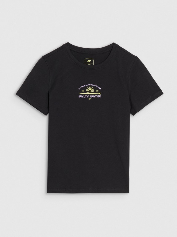 Dziewczęcy t-shirt z nadrukiem 4F 4FJWSS25TTSHF1871 - czarny