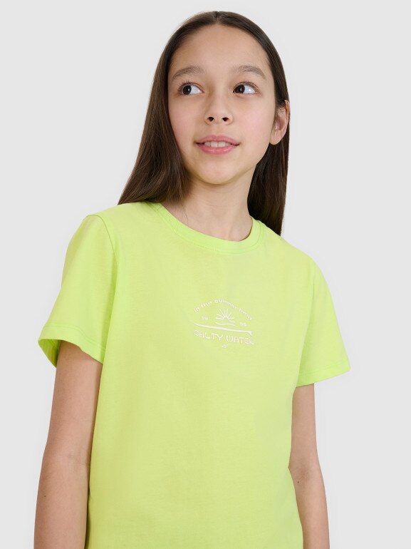 Dziewczęcy t-shirt z nadrukiem 4F 4FJWSS25TTSHF1871 - zielony