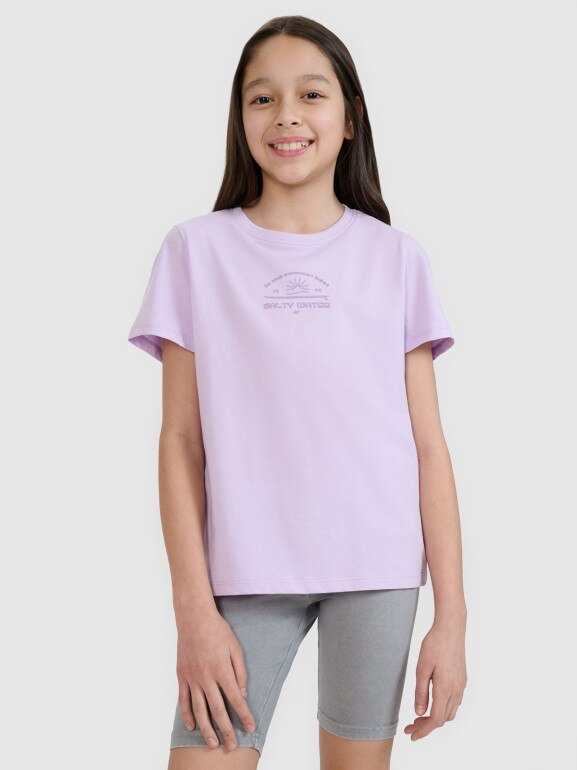 Dziewczęcy t-shirt z nadrukiem 4F 4FJWSS25TTSHF1871 - fioletowy