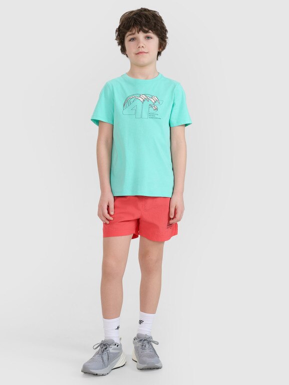Chłopięcy t-shirt z nadrukiem 4F 4FJWSS25TTSHM1917 - turkusowy
