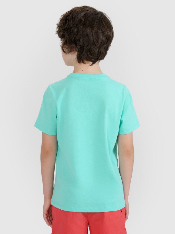 Chłopięcy t-shirt z nadrukiem 4F 4FJWSS25TTSHM1917 - turkusowy