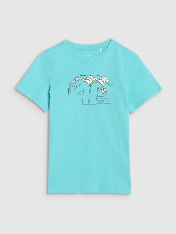 Chłopięcy t-shirt z nadrukiem 4F 4FJWSS25TTSHM1917 - turkusowy