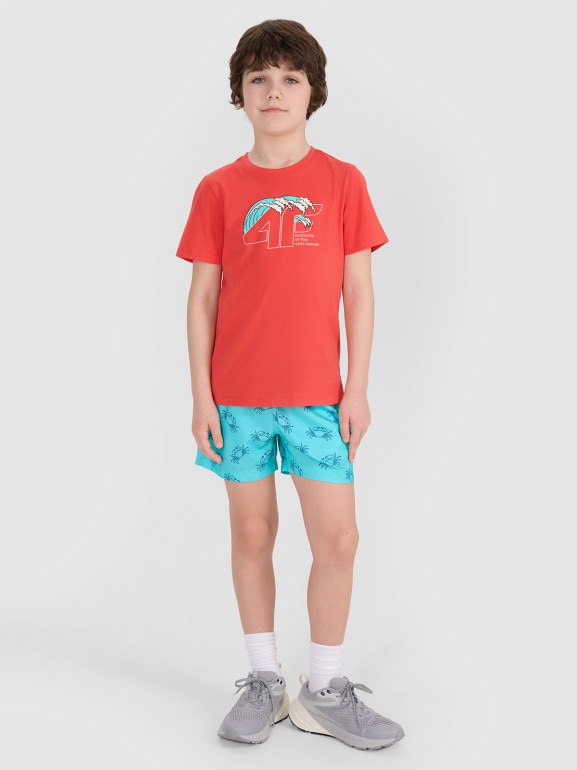 Chłopięcy t-shirt z nadrukiem 4F 4FJWSS25TTSHM1917 - czerwony
