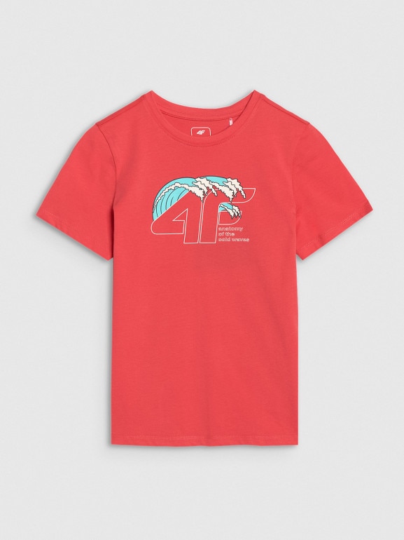 Chłopięcy t-shirt z nadrukiem 4F 4FJWSS25TTSHM1917 - czerwony
