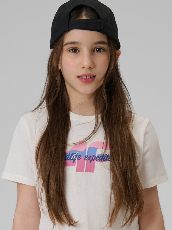 Dziewczęcy t-shirt z nadrukiem 4F 4FJWSS26TTSHF2885 - kremowy