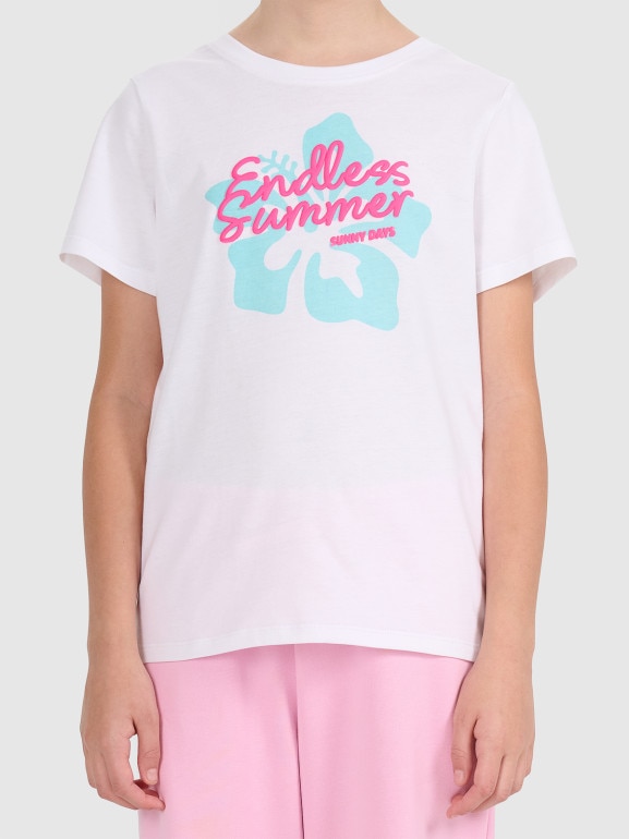 Dziewczęcy t-shirt z nadrukiem 4F 4FJWSS26TTSHF2938 - biały
