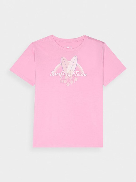 Dziewczęcy t-shirt z nadrukiem 4F 4FJRSS24TTSHF2054 - różowy