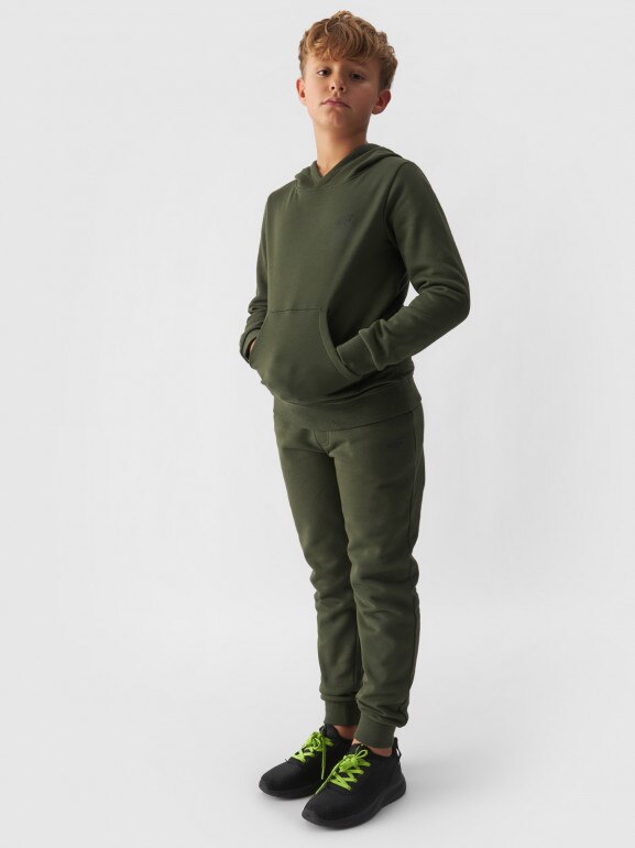 Chłopięca bluza dresowa nierozpinana z kapturem 4F 4FJWMM00TSWSM1292 - khaki