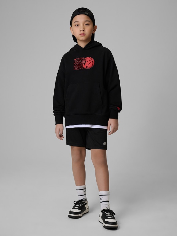 Chłopięca bluza dresowa nierozpinana z kapturem 4F 4FJWSS26TSWSM2321 - czarna