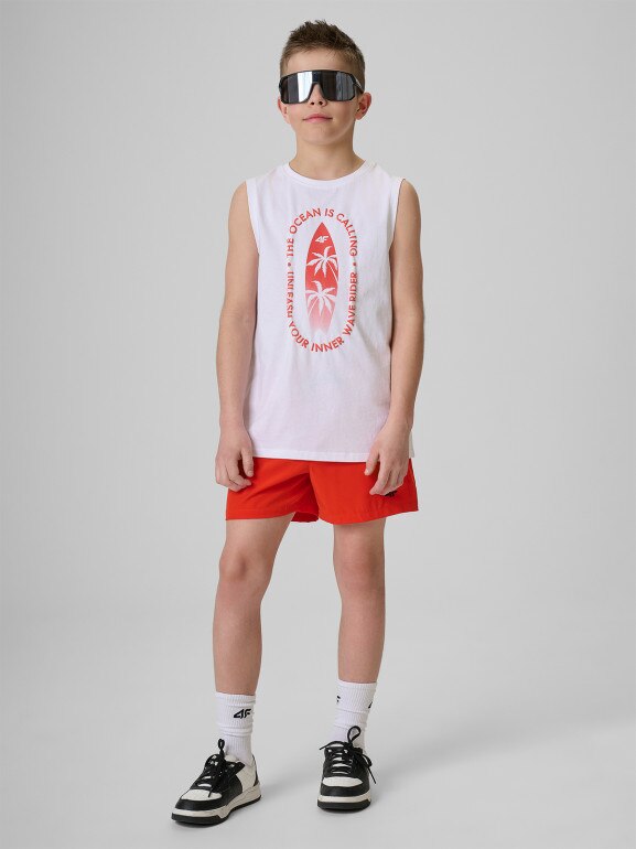 Chłopięca koszulka bez rękawów z nadrukiem 4F 4FJWSS26TSLEM294 - biała