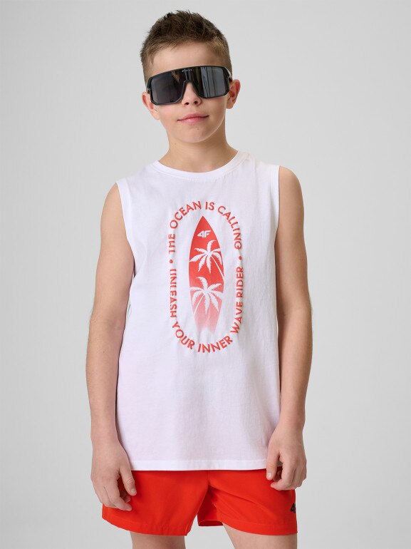 Chłopięca koszulka bez rękawów z nadrukiem 4F 4FJWSS26TSLEM294 - biała
