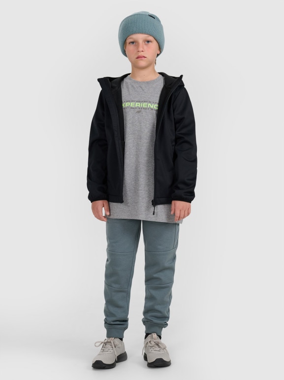 Chłopięcy softshell rozpinany z kapturem 4F 4FJRAW25TSOFM516 - czarny