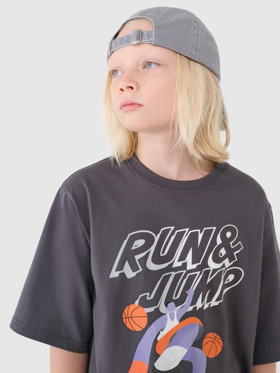 Chłopięcy t-shirt oversize z nadrukiem 4F 4FJASAW24TTSHM2596 - szary