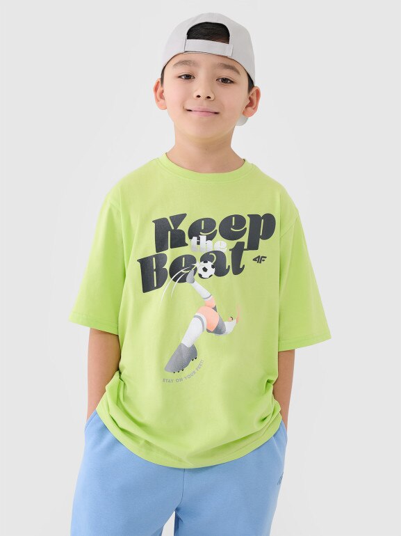 Chłopięcy t-shirt oversize z nadrukiem 4F 4FJASAW24TTSHM2596 - zielony