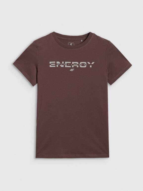 Chłopięcy t-shirt z nadrukiem 4F 4FJRAW25TTSHM3167 - brązowy