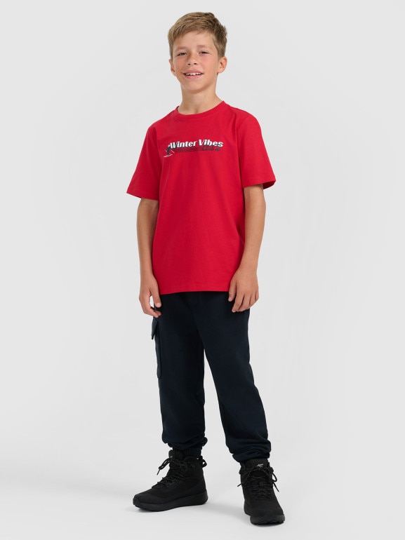 Chłopięcy t-shirt z nadrukiem 4F 4FJRAW25TTSHM3168 - czerwony