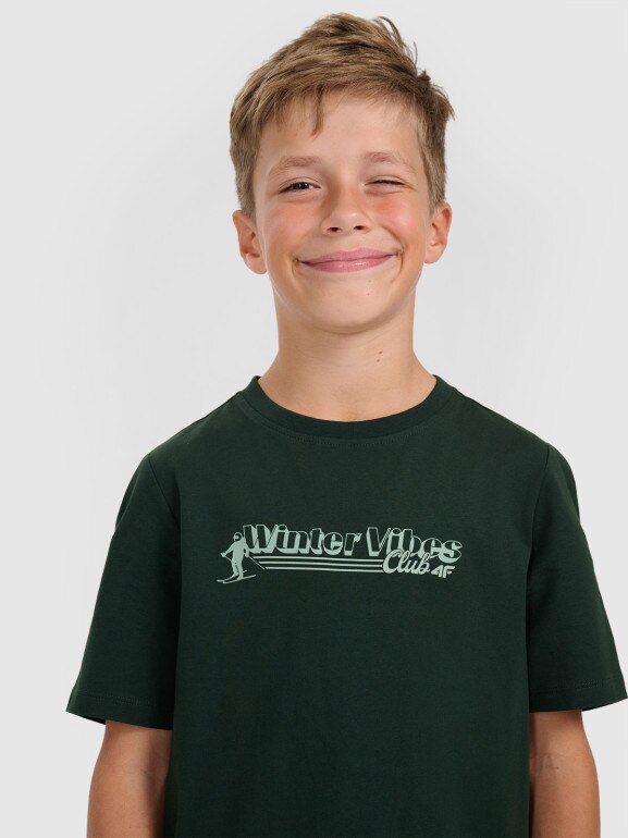Chłopięcy t-shirt z nadrukiem 4F 4FJRAW25TTSHM3168 - zielony