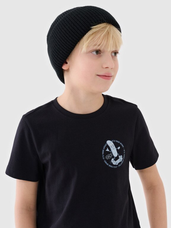 Chłopięcy t-shirt z nadrukiem 4F 4FJRSS25TTSHM2565 - czarny