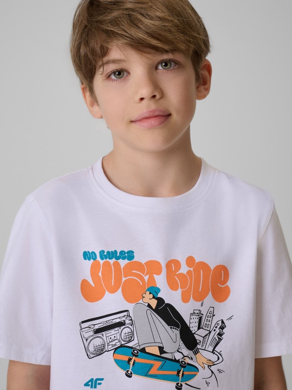 Chłopięcy t-shirt z nadrukiem 4F 4FJRSS26TTSHM4171 - biały