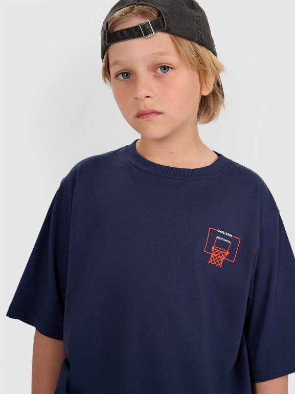 Chłopięcy t-shirt z nadrukiem 4F 4FJWAW25TTSHM2412 - granatowy