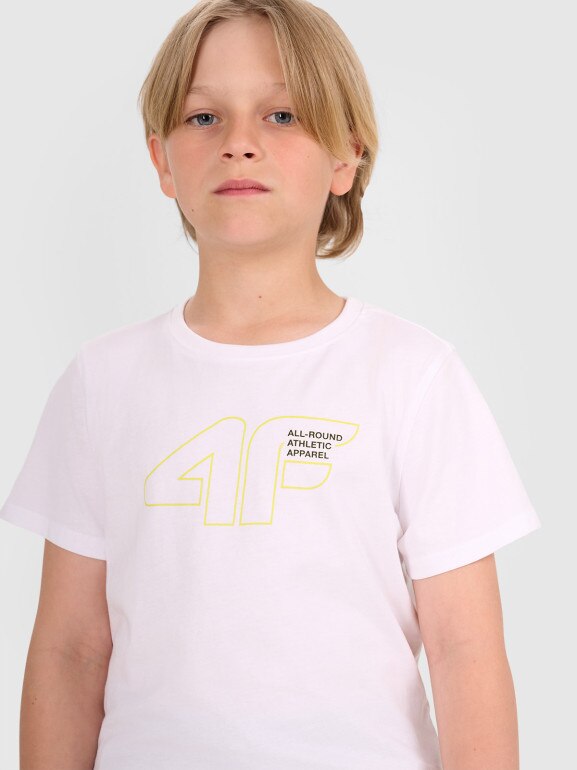 Chłopięcy t-shirt z nadrukiem 4F 4FJWAW25TTSHM2417 - biały